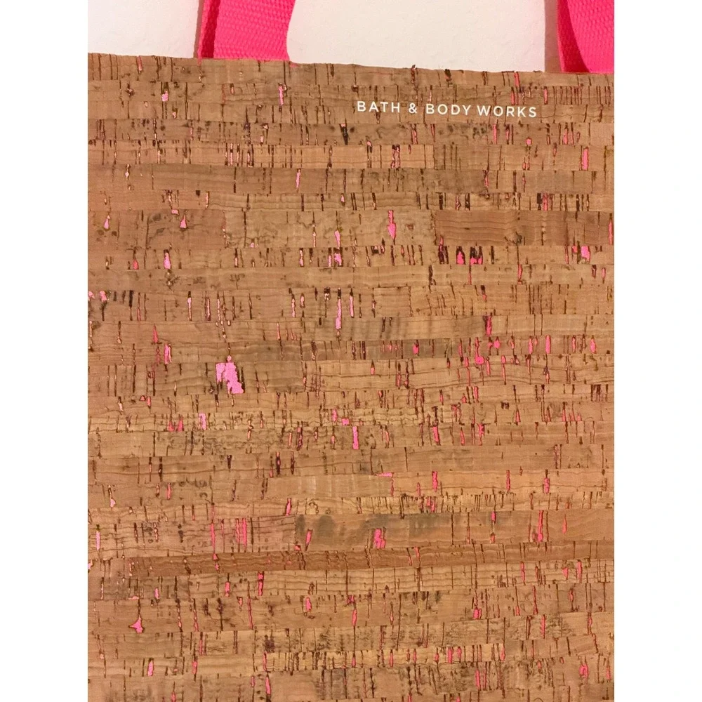 Bath & Body Works Cork Tote Bag Neon Pink Metallic Flecked Reusable Gift Bag NWT